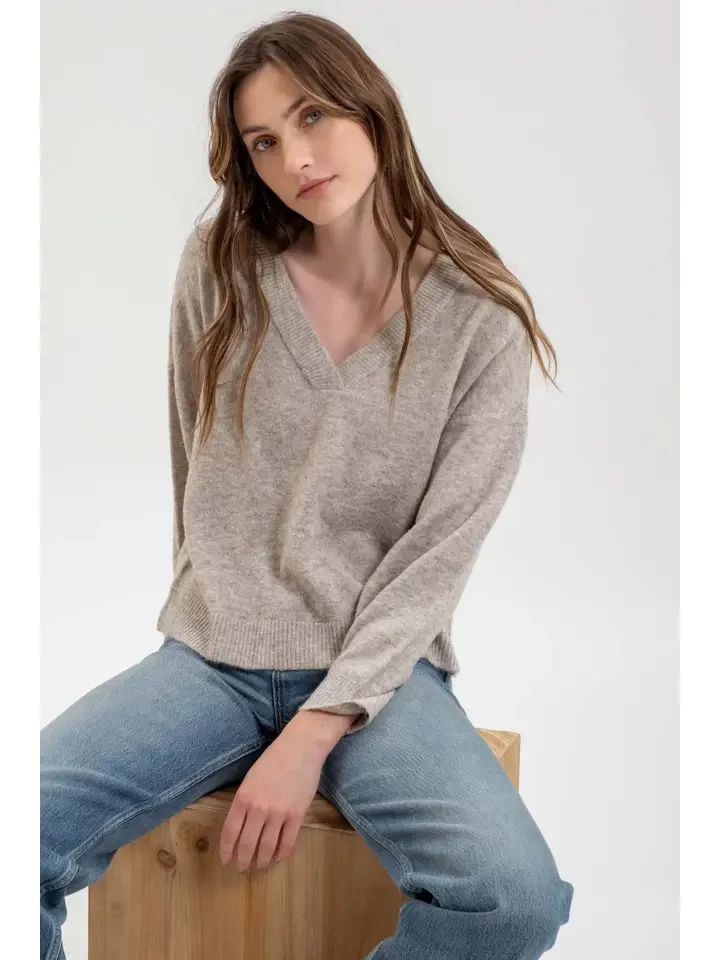 V Neck Long Sleeve Marle Knit Pullover Sweater