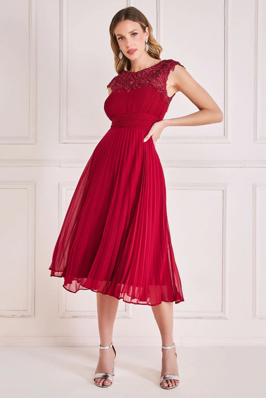 GODDIVA EMBELLISHED CROCHET LACED YOKE PLEATED MIDI DRESS