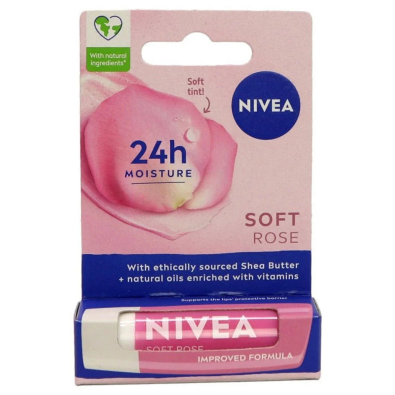 Nivea 24Hr Moisture Soft Rose Lip Balm With Natural Ingredients 4.8g