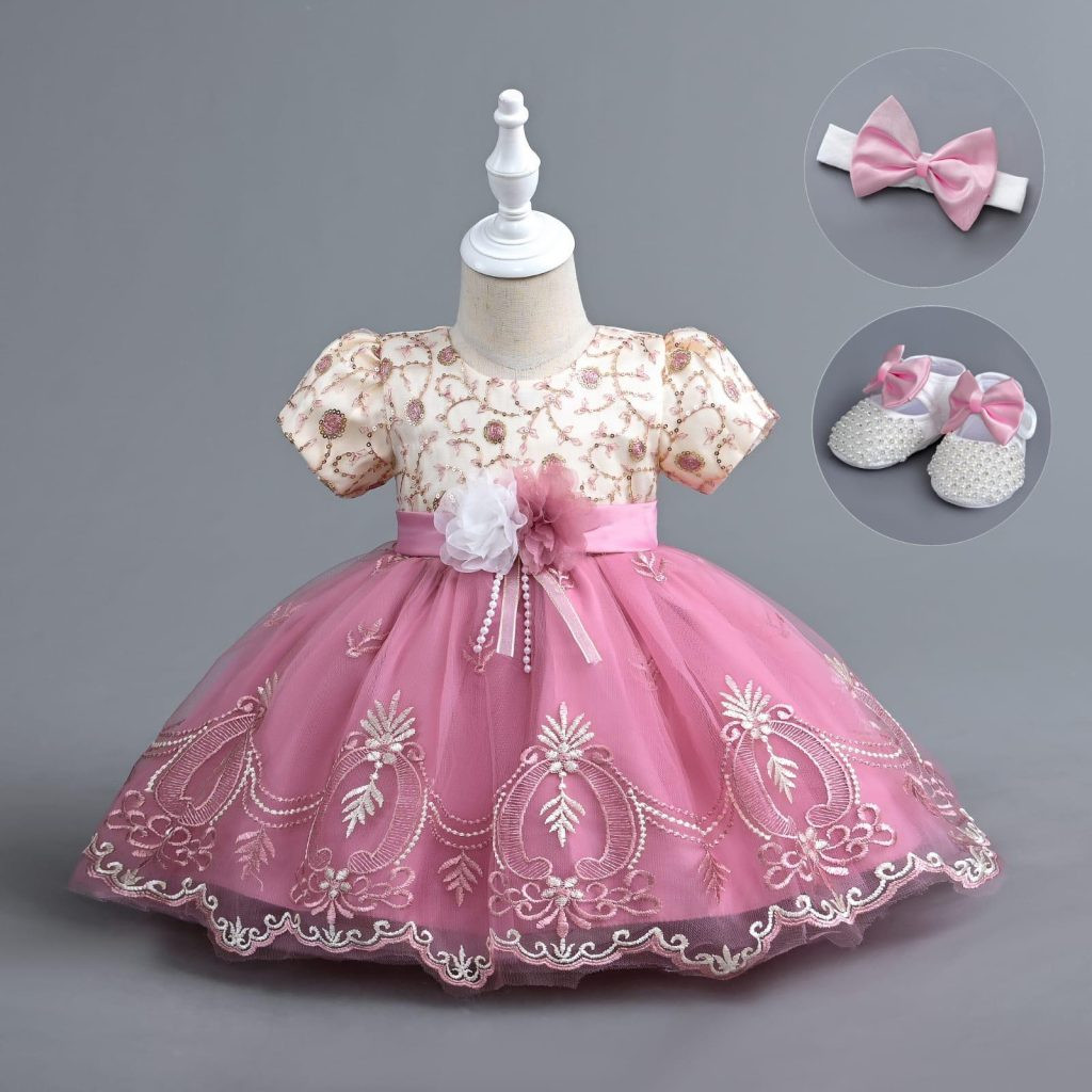 Baby Girls Floral Sequins Party Dress with Shoes and Headband (6-24M)