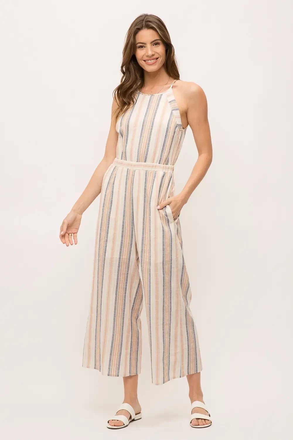 Yarn dye stripe sleeveless halter neck jumpsuit