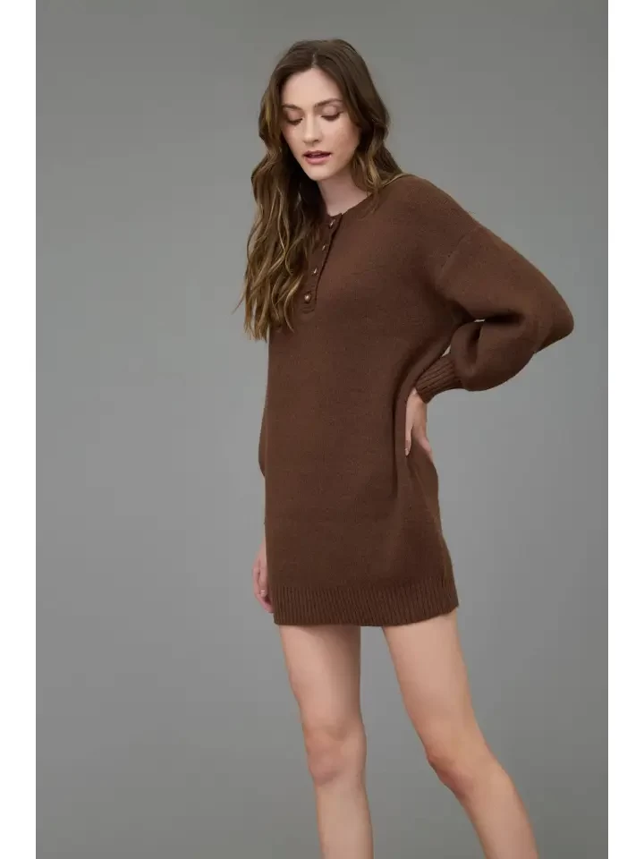 Half Button Long Sleeve Mini Sweater Dress