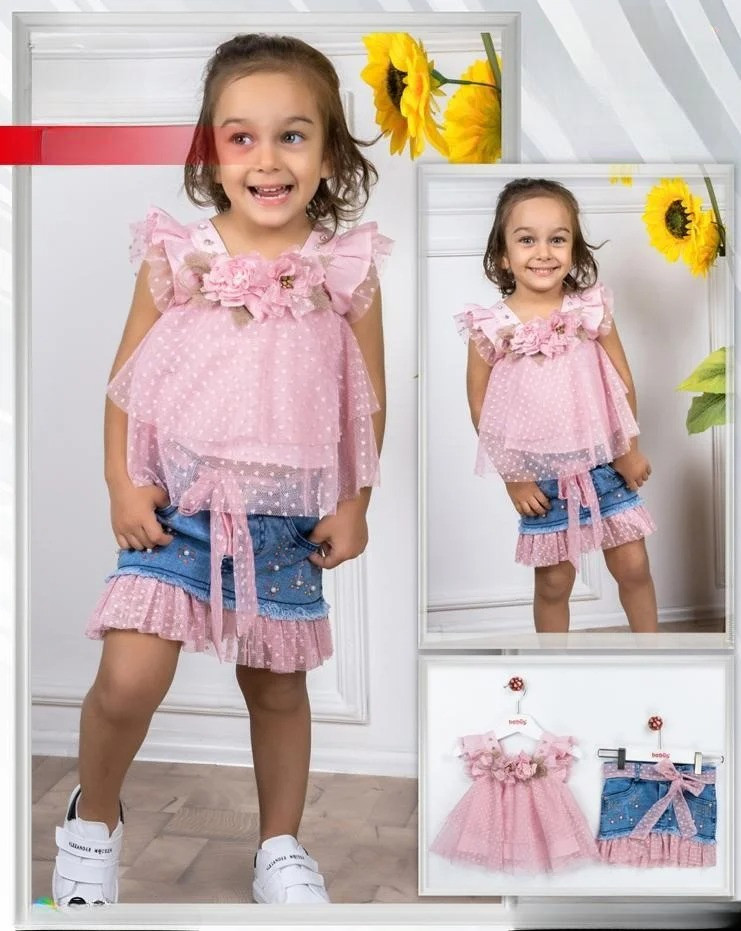 Girls Two Piece Floral Layered Top & Denim Shorts Set with Purse (1-3Y)