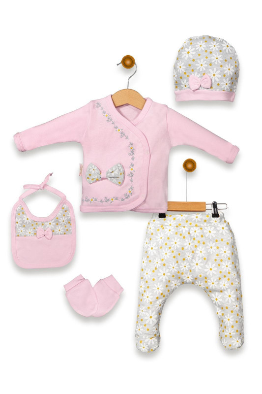 Baby Girls Floral Embroidery 5pc Set with Mittens, Bib & Headband (0-6M) - PINK