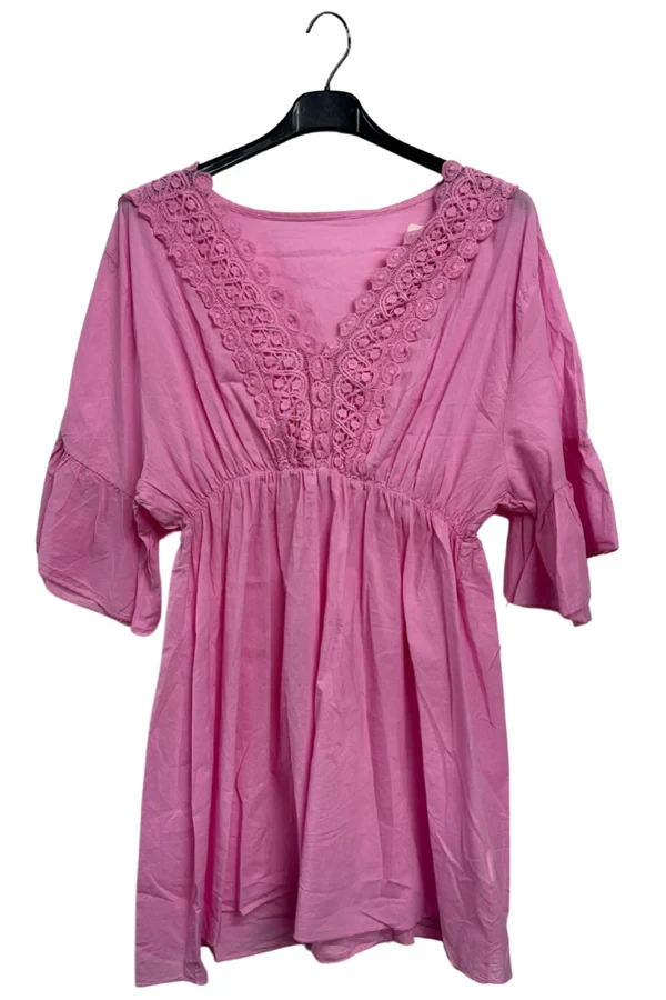 Plain V-Neckline With Lace Trim Detailing Tunic Cotton Dress