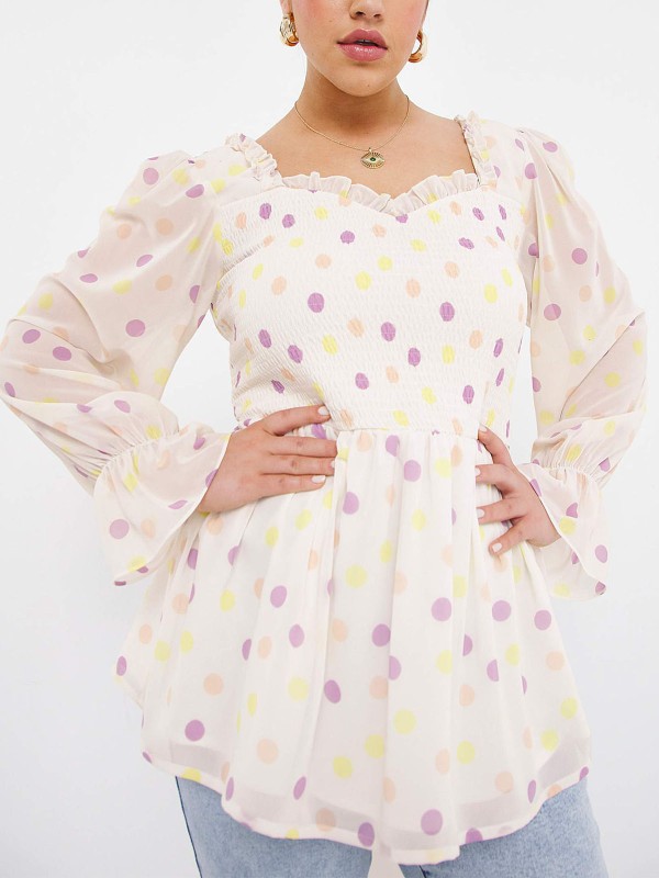 Spot Print Shirred Frill Square Neck Top