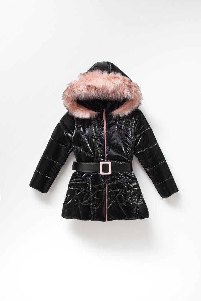 Girls Padded Fur Trim Buckle Belted Metallic Jacket (7-10Y)