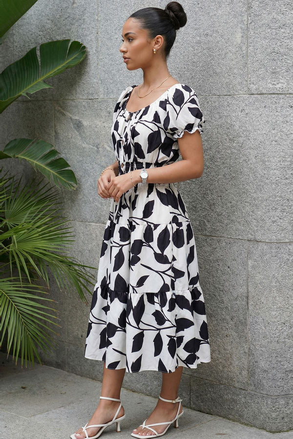 Abstract Botanical Print Elasticated Tiered Dress