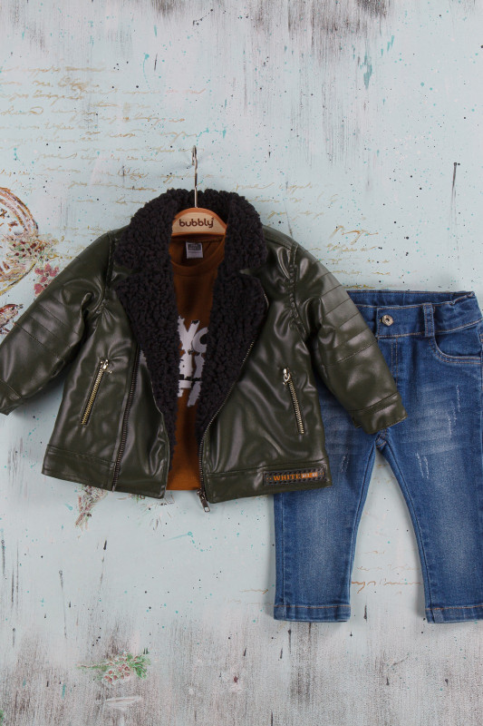 Baby Boys Three Piece Faux Leather Zip Jacket, Top & Jeans Set (6-24M)