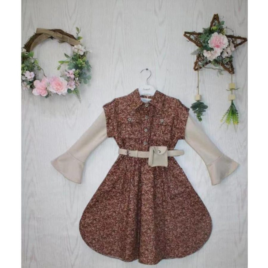 Girls Full Sleeve Floral Print Dress with Bag Belt (2-8Y)