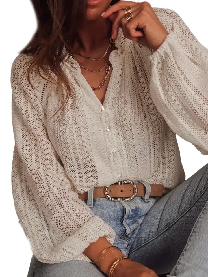 White Lace Hollow Out Puff Sleeve Button Up Shirt
