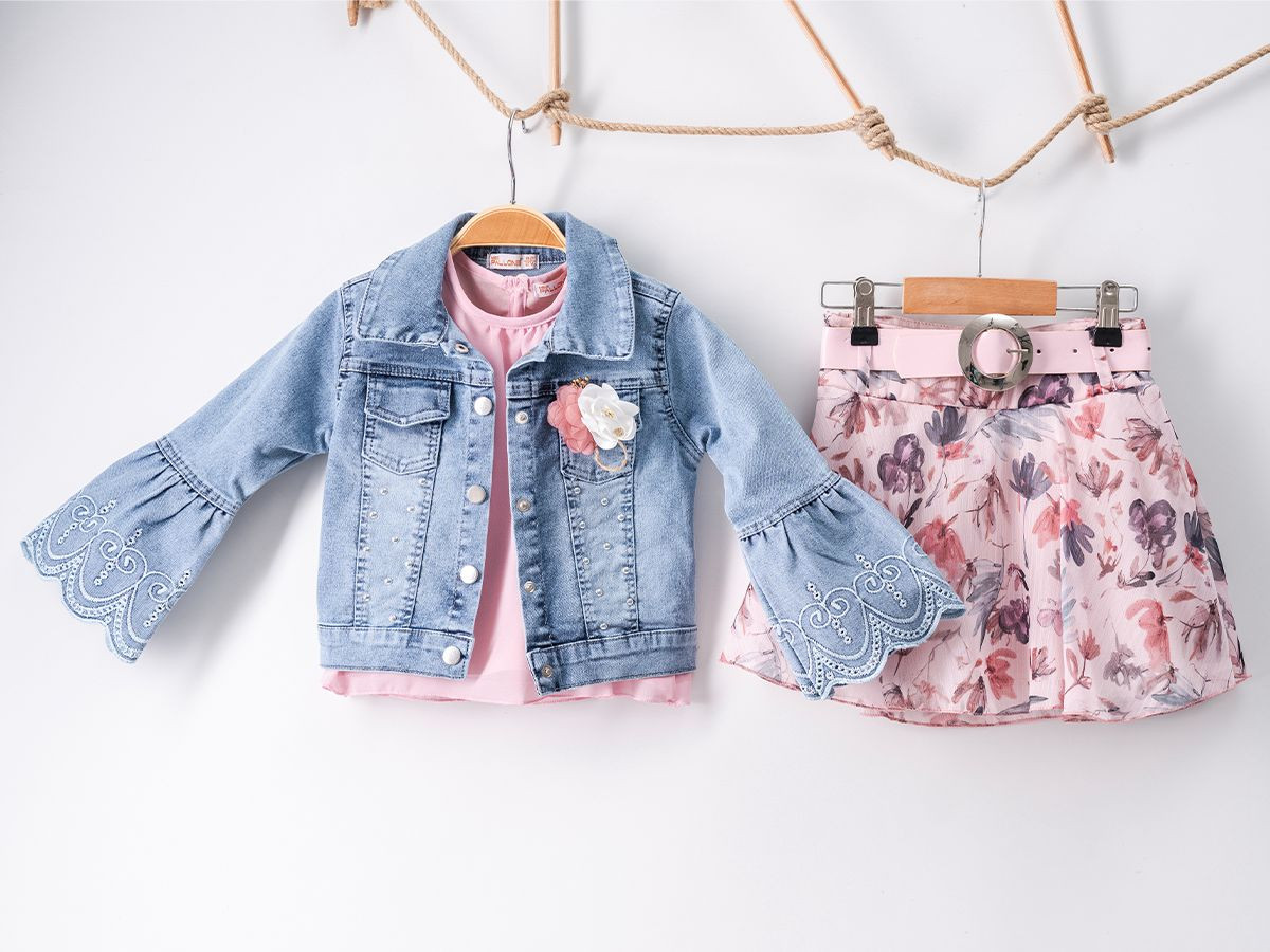 Girls Three Piece Floral Skirt & Studded Denim Jacket Set with Belt (2-5Y)