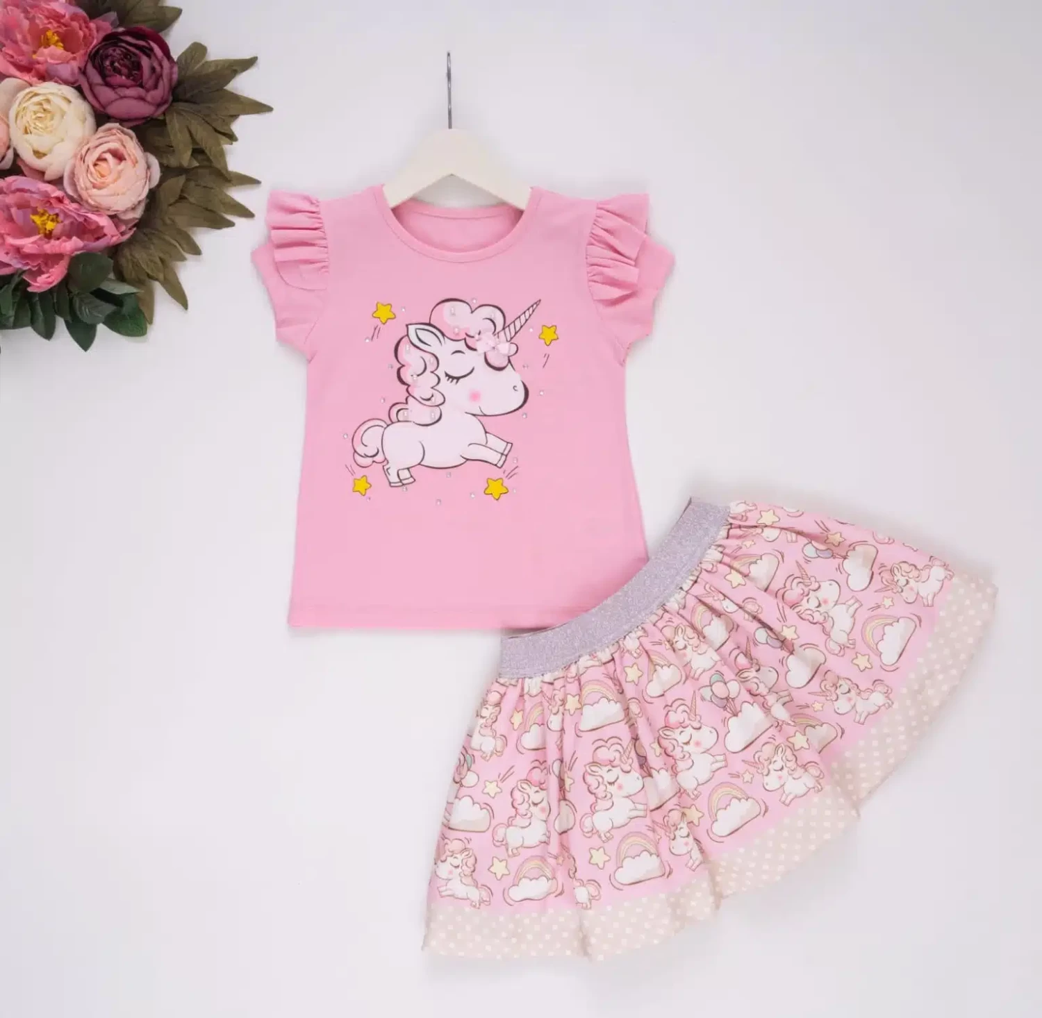 Girls Diamante Pearl Unicorn Skirt Set (1-4Y)