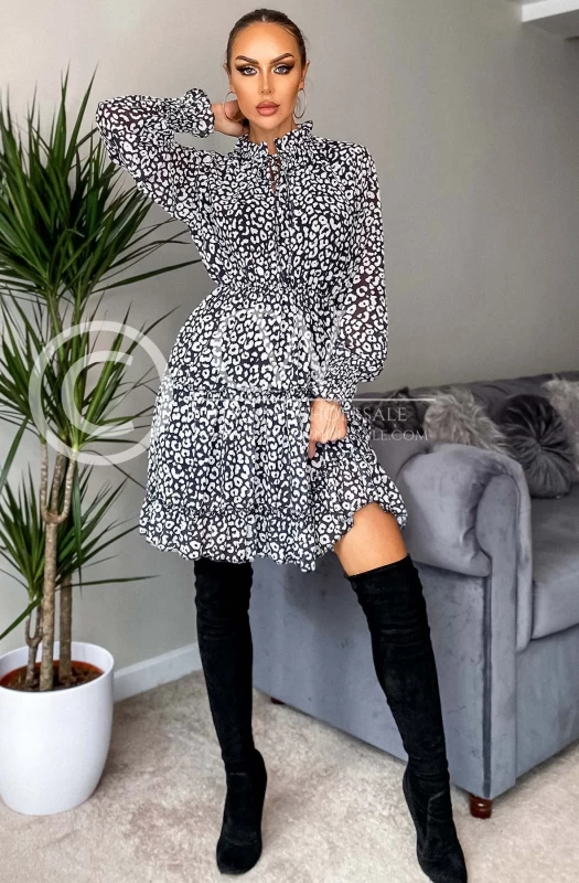 LATISHA HIGH NECK TIERED LEOPARD PRINT DRESS
