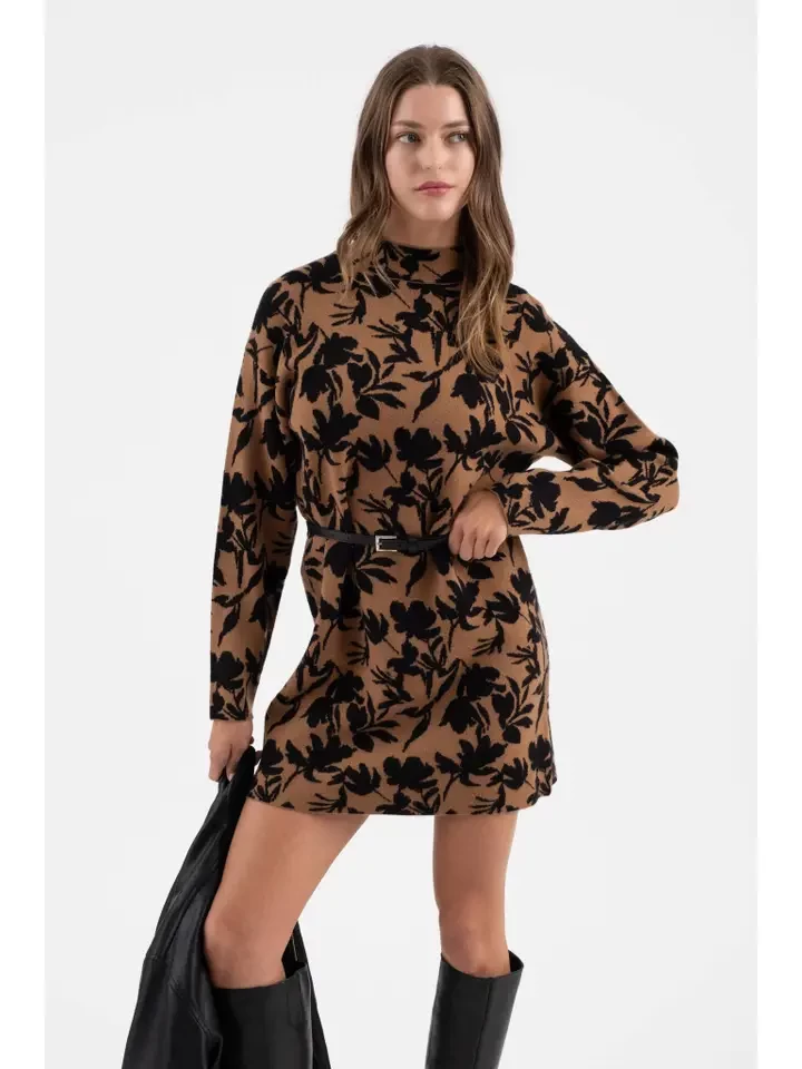 Floral Mock Neck Long Sleeve Knit Sweater Dress