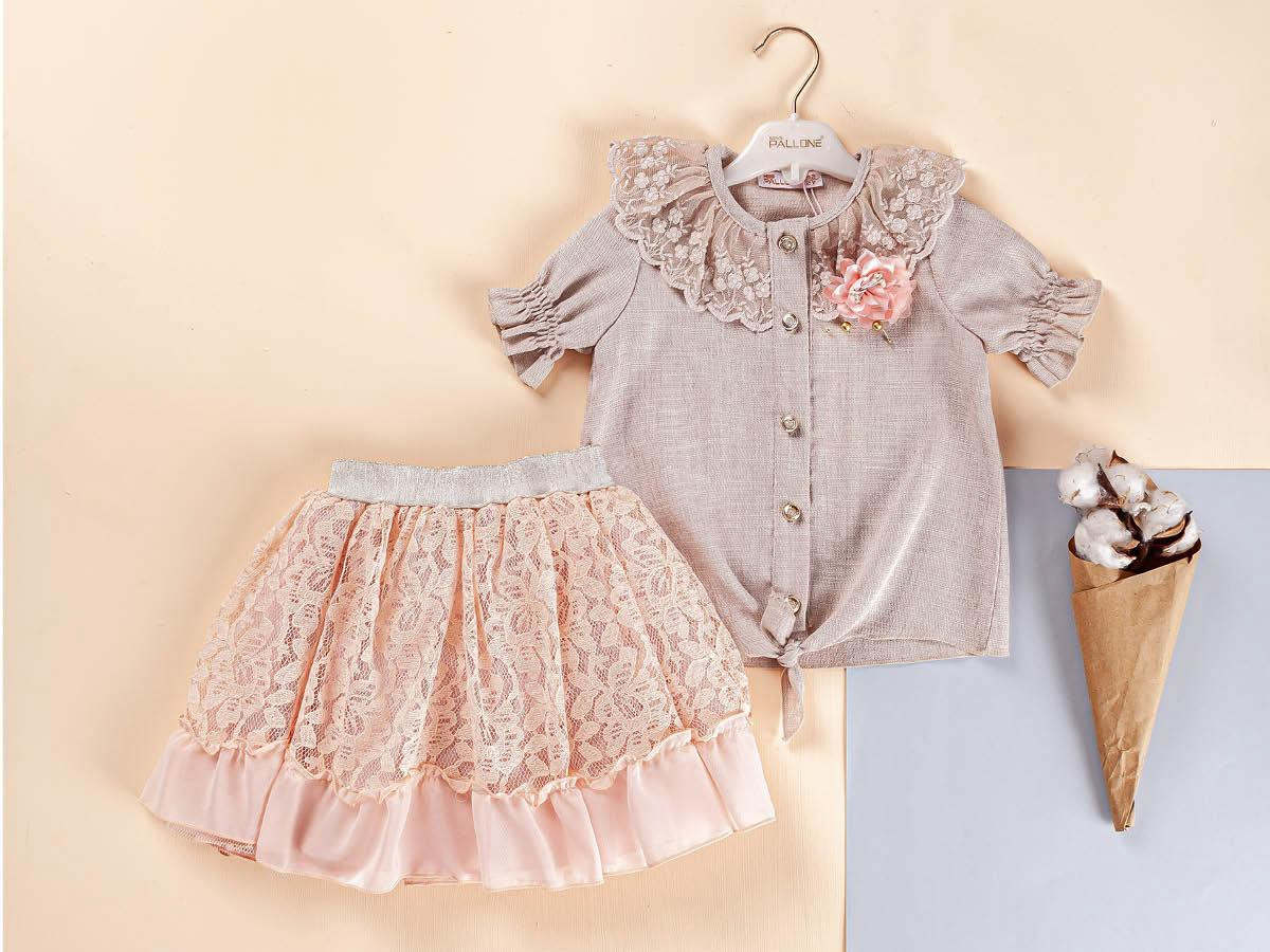 Girls Button Flower Top & Floral Lace Skirt Set (2-5Y)