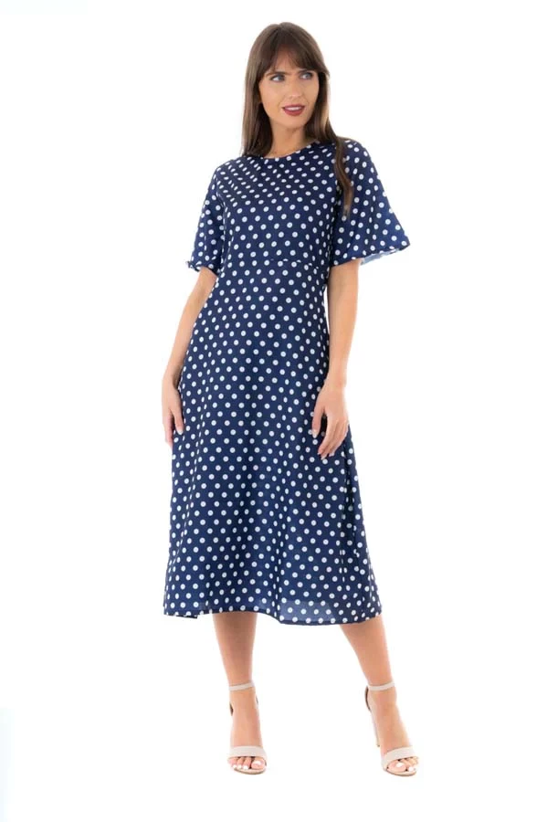 Ladies Navy Polka Dot Print Midi Shift Dress