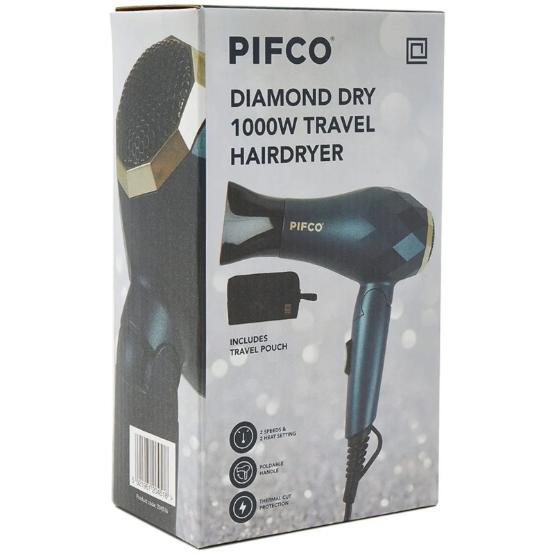 Pifco Diamond Dry 1000W Travel Hairdryer With Foldable Handle