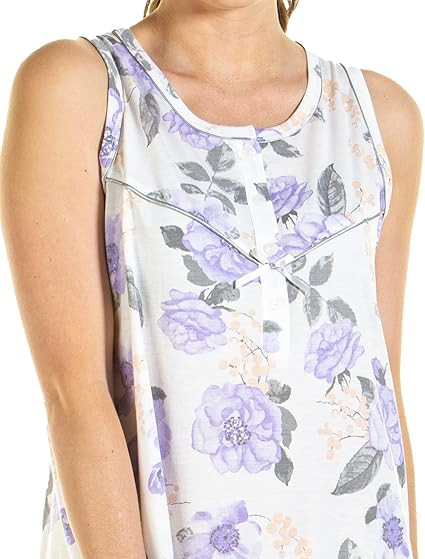 Ladies Roses Floral Jersey Sleeveless Nightdress by Lady Olga Lilac