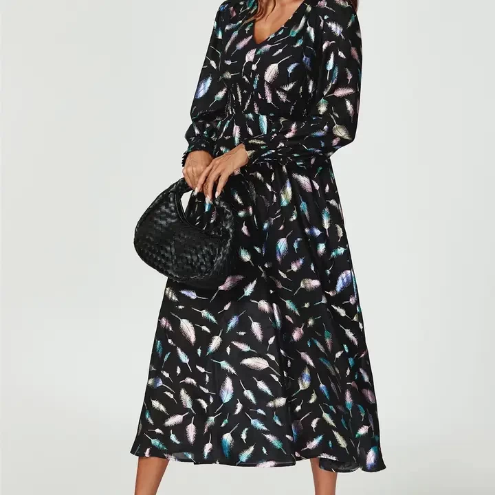 Rainbow Leaf Foil Long Sleeve Maxi Dress in Black