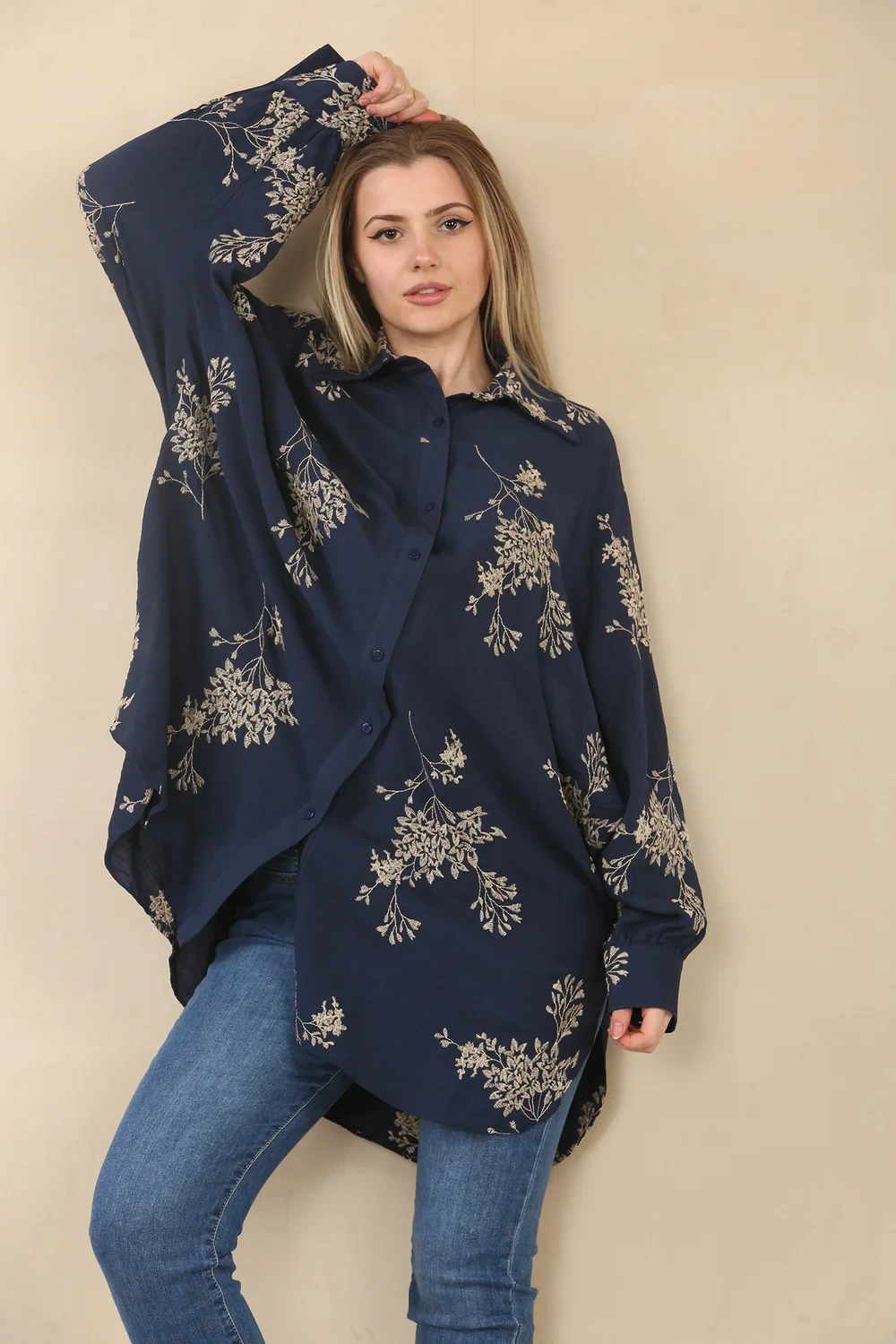 EMBROIDERED OVERSIZED SHIRT - NAVY