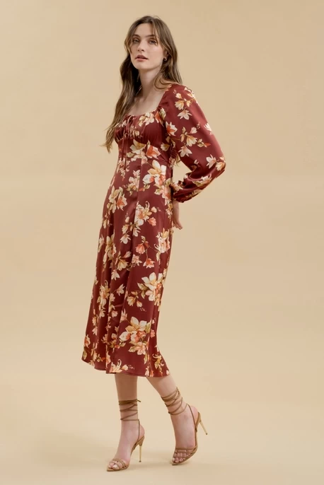 Floral Long Sleeve Split Thigh Midi Dress