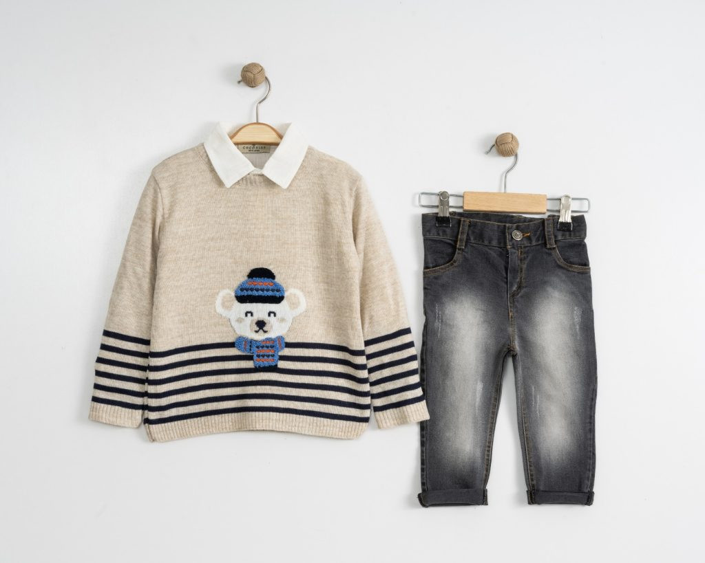Boys Three Piece Knitted Teddy Stripe Jumper, Shirt & Jeans Set